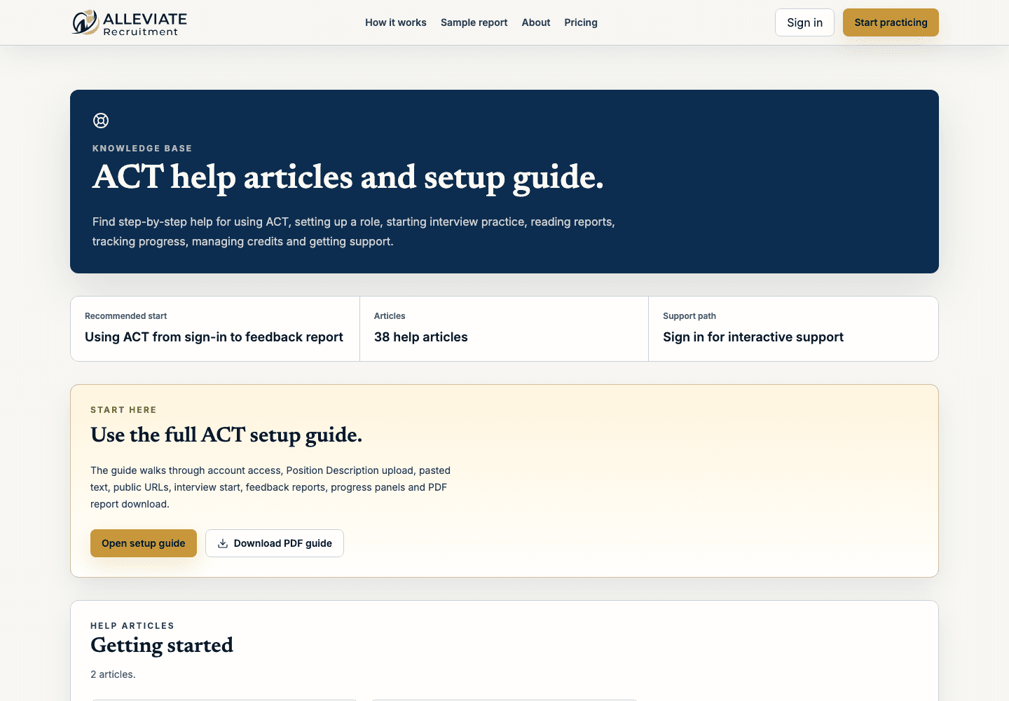 ACT support knowledge base catalogue.