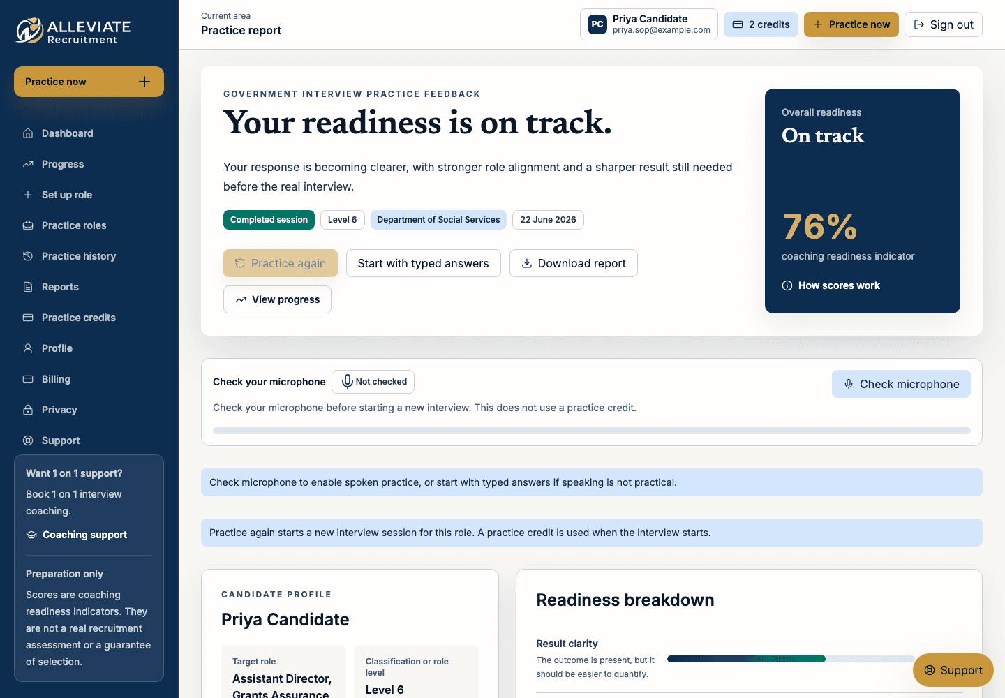 Practice report page with the Download report action.