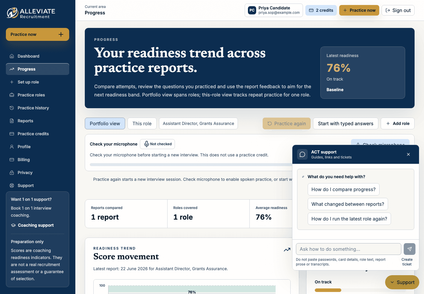 Progress page and support assistant guidance.